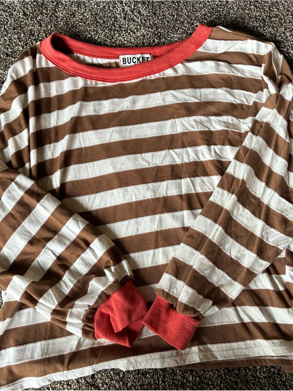 Women’s Striped Long-Sleeve Top - Brown & Cream with Dark Orange Trim